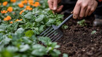 Hands cultivating garden soil with green plants and orange flowers in spring photo
