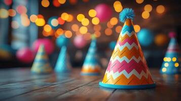 Colorful party hats on wooden table with festive lights in the background photo