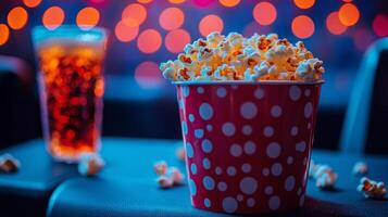 Popcorn in a vintage cinema setting during a movie screening at night photo