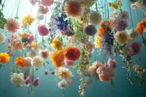 Colorful hanging flowers create a vibrant display in a bright, light-filled space photo