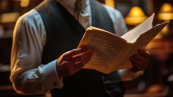 Man in formal attire reading a book in a dimly lit library with warm lighting photo