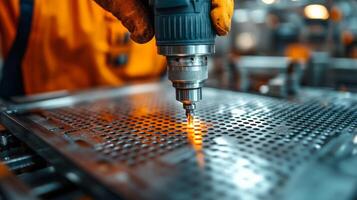 Precision metal cutting in a modern workshop with sparks flying during fabrication process photo
