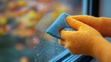 Cleaning a window with a blue microfiber cloth during sunset photo