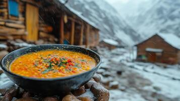 recién preparado lenteja sopa servido al aire libre en un Nevado montaña pueblo ajuste foto
