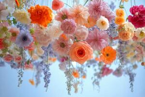 Colorful hanging flowers create a vibrant display in a bright, light-filled space photo