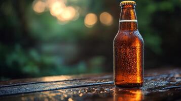 Refreshing amber beer bottle on a wet wooden surface during sunset photo