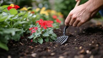 Hands cultivating garden soil with green plants and orange flowers in spring photo
