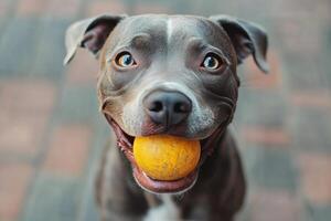 Happy dog holding a ball outdoors on a sunny day photo
