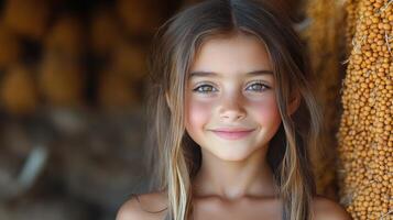 Young girl smiling near dried plants in a rustic setting during daylight hours photo