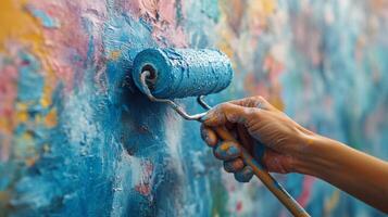 Painting a textured blue wall with a roller in a creative indoor space photo