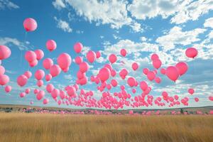 Pink balloons float against a bright blue sky with fluffy white clouds in a joyful outdoor setting photo