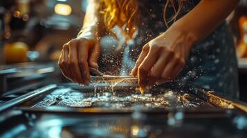 Flour dust fills the air as hands prepare dough in a cozy kitchen setting photo