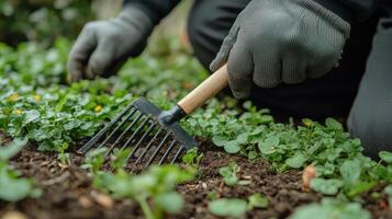 Hands cultivating garden soil with green plants and orange flowers in spring photo