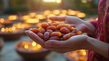Hands holding dried fruits surrounded by glowing lights during a festive gathering at dusk photo