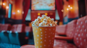 Popcorn in a vintage cinema setting during a movie screening at night photo