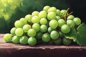 Green grapes arranged on a wooden surface with leaves in a lush garden setting during daylight photo