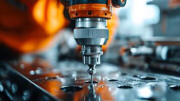 Precision metal cutting in a modern workshop with sparks flying during fabrication process photo