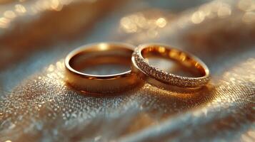 Gold wedding rings resting on shimmering fabric with soft lighting enhancing their beauty photo