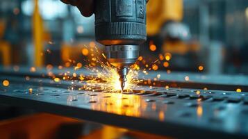 Precision metal cutting in a modern workshop with sparks flying during fabrication process photo