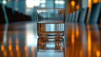 Glass of sparkling water on a wooden table in a conference room during a business meeting photo