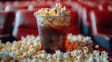Popcorn in a vintage cinema setting during a movie screening at night photo