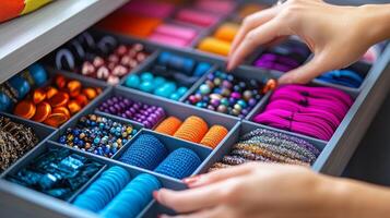 Organizing colorful hair accessories in a storage drawer during daylight hours photo