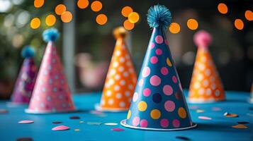 Colorful party hats on wooden table with festive lights in the background photo