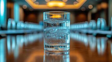 Glass of sparkling water on a wooden table in a conference room during a business meeting photo