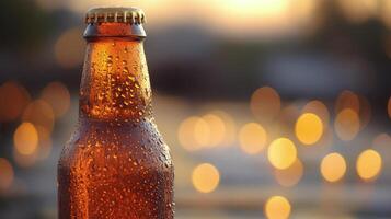 Refreshing amber beer bottle on a wet wooden surface during sunset photo