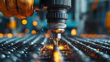 Precision metal cutting in a modern workshop with sparks flying during fabrication process photo