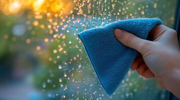 Cleaning a window with a blue microfiber cloth during sunset photo