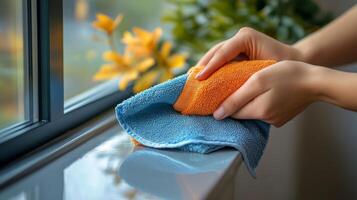Cleaning a window with a blue microfiber cloth during sunset photo