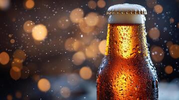 Refreshing amber beer bottle on a wet wooden surface during sunset photo