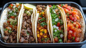 Tasty taco platter with various fillings and fresh toppings in a vibrant setting photo