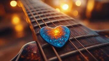 Heart-shaped guitar pick resting on a musical instrument with glowing sunset backdrop photo