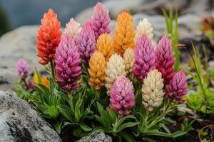 Colorful alpine flowers blooming on rocky terrain in the mountains during daylight photo