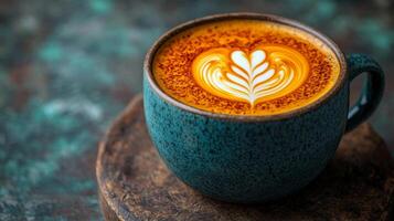 Delicious cup of latte art with heart design served in blue ceramic mug photo