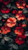 Vibrant red flowers blossom amidst lush green foliage in a serene garden setting photo