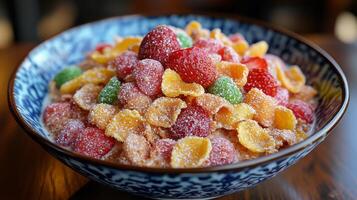 Colorful fruit bowl with berries and cereal prepared for a healthy breakfast photo