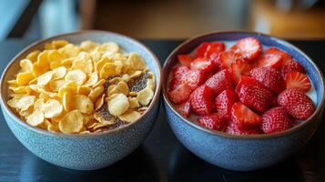 Colorful fruit bowl with berries and cereal prepared for a healthy breakfast photo
