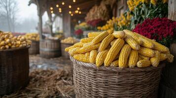 Harvested corn piled high near an old barn during late autumn photo