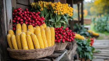 Harvested corn piled high near an old barn during late autumn photo