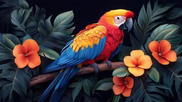 Vibrant parrot perched on a branch in the lush rain forest during morning light photo