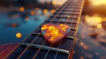 Heart-shaped guitar pick resting on a musical instrument with glowing sunset backdrop photo