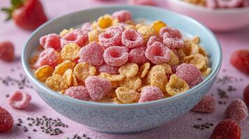 Colorful fruit bowl with berries and cereal prepared for a healthy breakfast photo