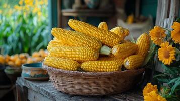 Harvested corn piled high near an old barn during late autumn photo