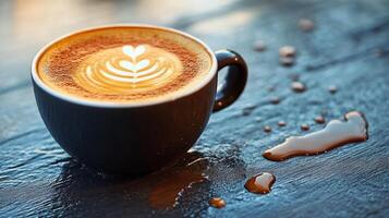 Delicious cup of latte art with heart design served in blue ceramic mug photo