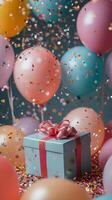 Colorful gift box surrounded by balloons and confetti at a festive celebration photo
