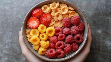 Colorful fruit bowl with berries and cereal prepared for a healthy breakfast photo