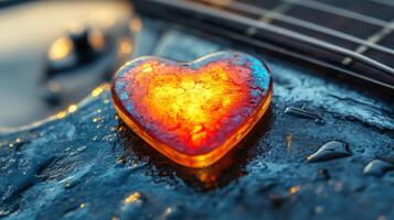 Heart-shaped guitar pick resting on a musical instrument with glowing sunset backdrop photo